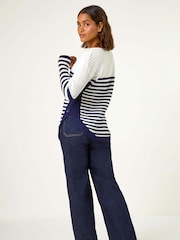 Roman White Striped Zip Front Ribbed Knit Top - Image 2 of 5