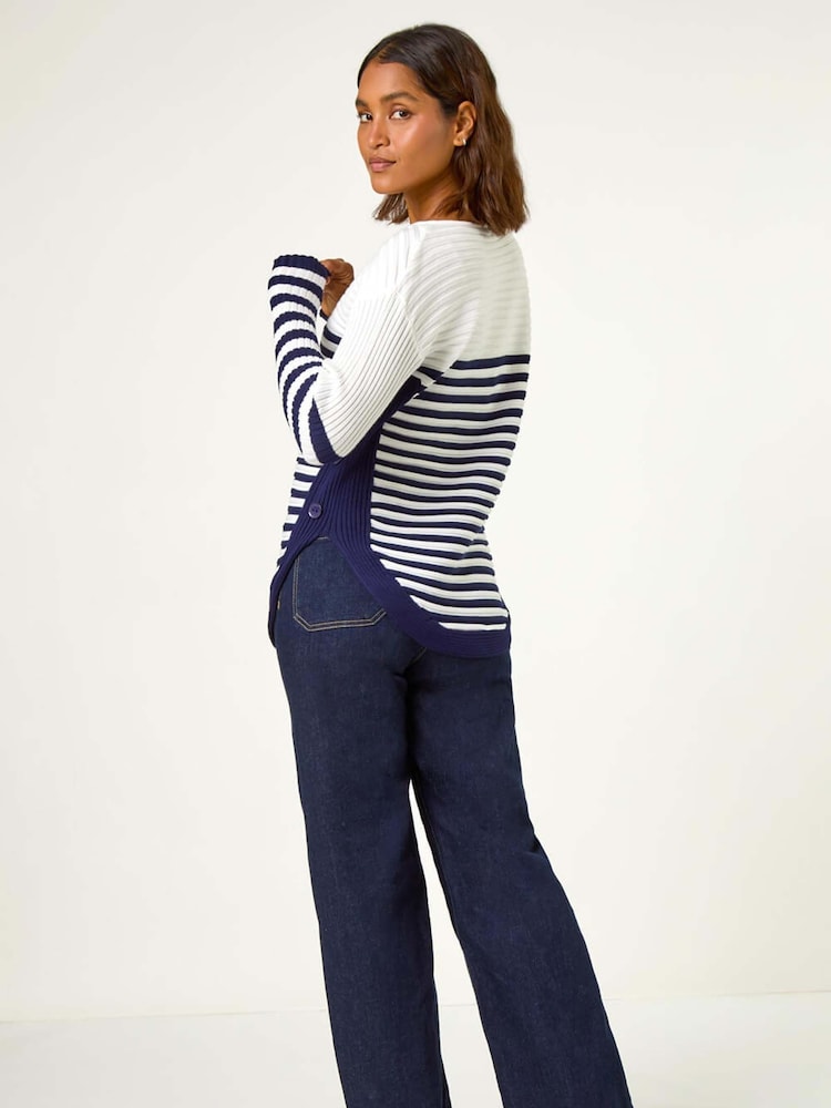 Roman White Striped Zip Front Ribbed Knit Top - Image 2 of 5