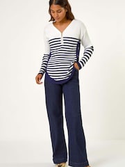 Roman White Striped Zip Front Ribbed Knit Top - Image 3 of 5