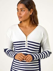 Roman White Striped Zip Front Ribbed Knit Top - Image 4 of 5