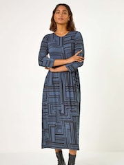 Roman Grey Linear Print Pocket Stretch Midi Dress - Image 1 of 5