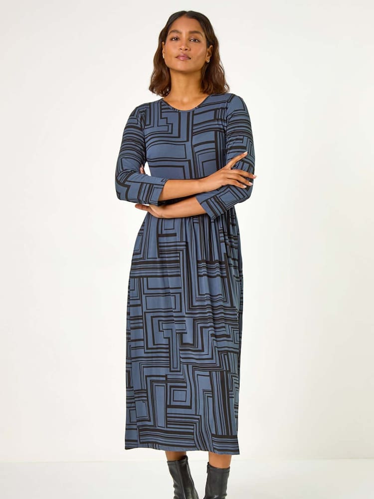 Roman Grey Linear Print Pocket Stretch Midi Dress - Image 1 of 5