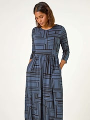 Roman Grey Linear Print Pocket Stretch Midi Dress - Image 2 of 5