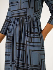 Roman Grey Linear Print Pocket Stretch Midi Dress - Image 5 of 5