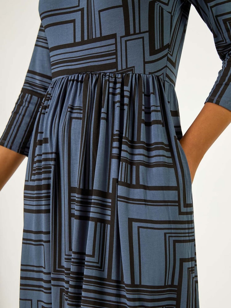 Roman Grey Linear Print Pocket Stretch Midi Dress - Image 5 of 5