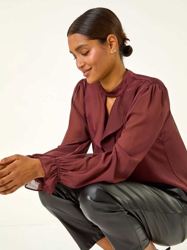 Brown - Roman Ruffle Front Keyhole Satin Top - Image 1 of 5