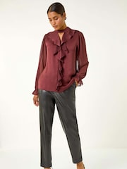 Brown - Roman Ruffle Front Keyhole Satin Top - Image 2 of 5