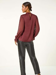 Brown - Roman Ruffle Front Keyhole Satin Top - Image 3 of 5
