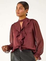 Brown - Roman Ruffle Front Keyhole Satin Top - Image 4 of 5