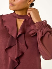 Brown - Roman Ruffle Front Keyhole Satin Top - Image 5 of 5