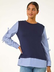 Roman Blue Stripe Bow Sleeve Stretch Top - Image 1 of 5
