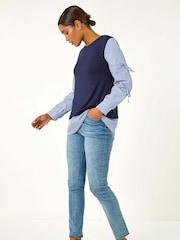 Roman Blue Stripe Bow Sleeve Stretch Top - Image 3 of 5