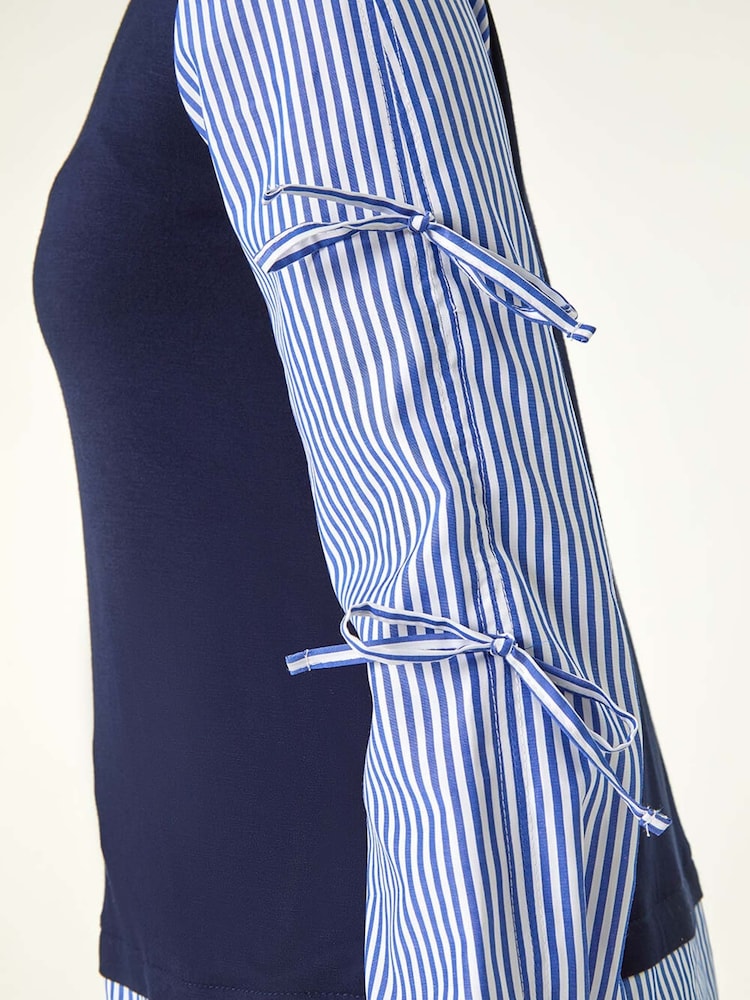 Roman Blue Stripe Bow Sleeve Stretch Top - Image 5 of 5