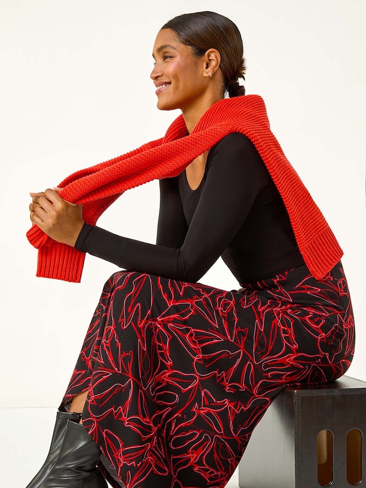 Roman Red Leaf Print Stretch A-Line Midi Skirt - Image 2 of 5 Roman Red Leaf Print Stretch A-Line Midi Skirt - Image 2 of 5
