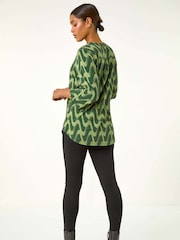 Roman Green Geometric Print Stretch Blouse - Image 3 of 5