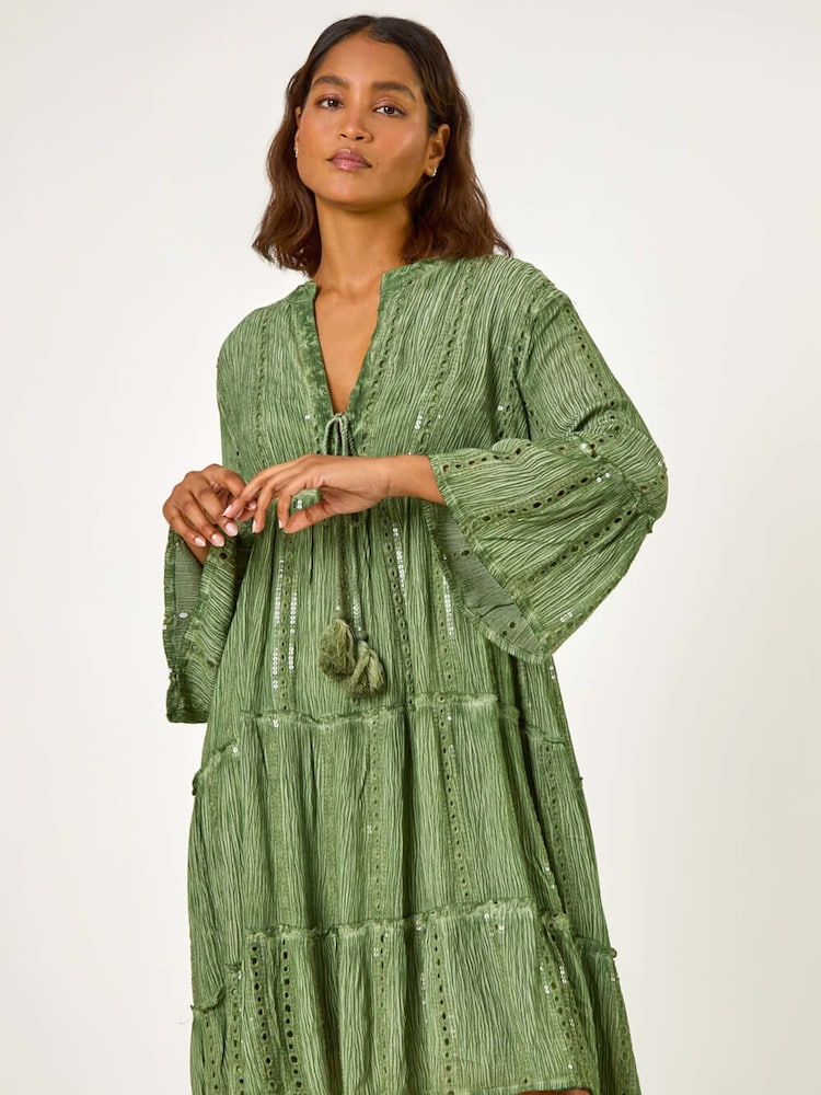 Roman Green Shimmer Tie Detail Smock Dress - Image 1 of 5