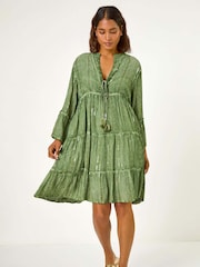 Roman Green Shimmer Tie Detail Smock Dress - Image 2 of 5