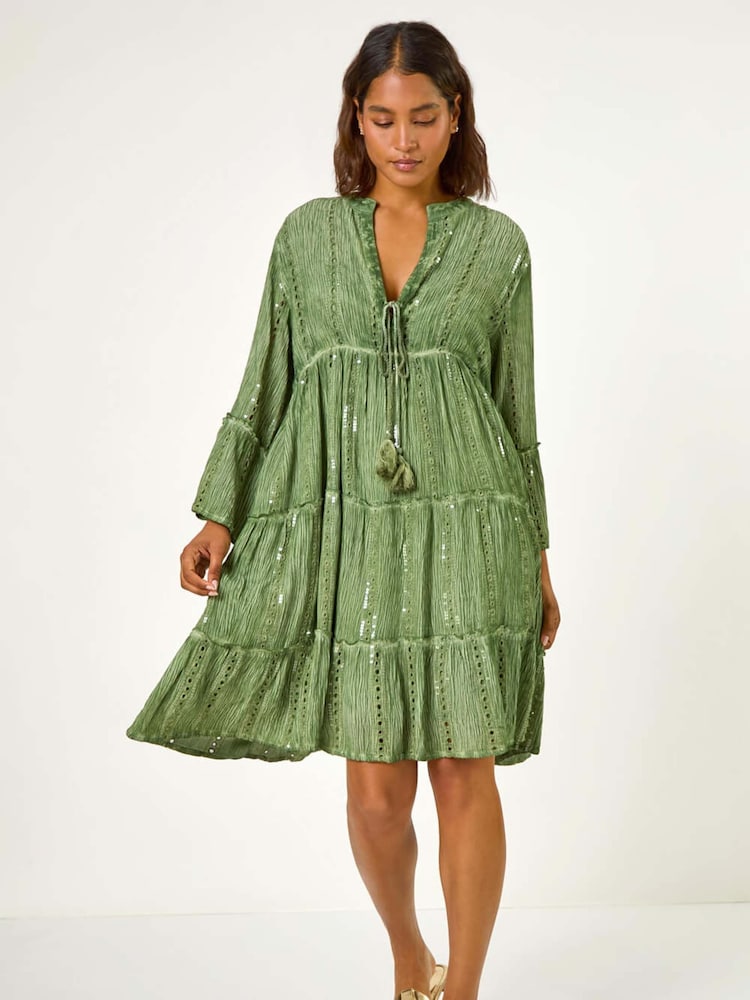 Roman Green Shimmer Tie Detail Smock Dress - Image 2 of 5