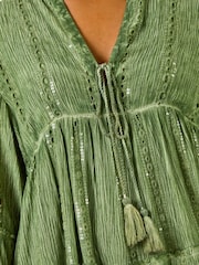 Roman Green Shimmer Tie Detail Smock Dress - Image 5 of 5