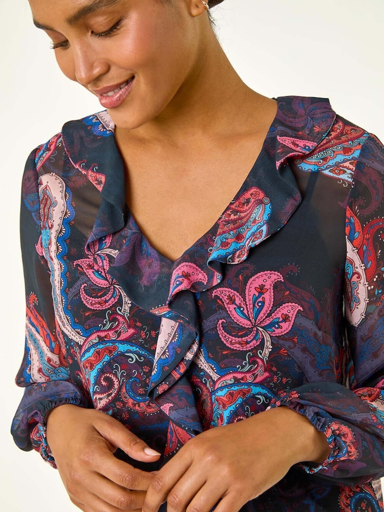 Roman Purple Paisley Print Frill Top - Image 5 of 5