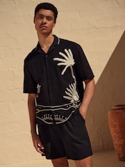 Black Textured Palm Tree Embroidered Short Sleeve Shirt - Image 1 of 8