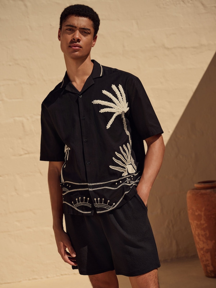 Black Textured Palm Tree Embroidered Short Sleeve Shirt - Image 1 of 8