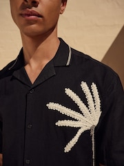 Black Textured Palm Tree Embroidered Short Sleeve Shirt - Image 4 of 8