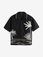 Black Textured Palm Tree Embroidered Short Sleeve Shirt - Image 6 of 8