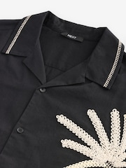 Black Textured Palm Tree Embroidered Short Sleeve Shirt - Image 8 of 8