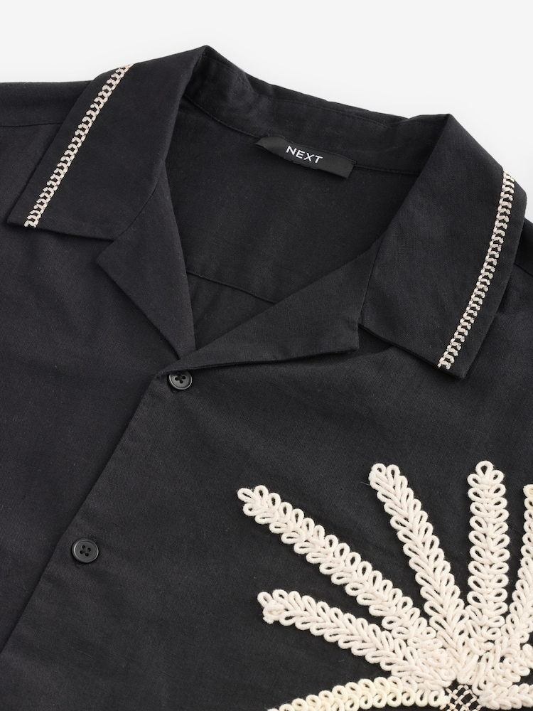 Black Textured Palm Tree Embroidered Short Sleeve Shirt - Image 8 of 8