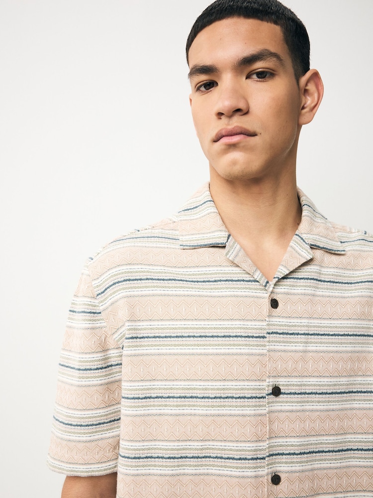 Neutral 100% Cotton Textured Stripe Short Sleeve Shirt - Image 1 of 8 Neutral 100% Cotton Textured Stripe Short Sleeve Shirt - Image 1 of 8