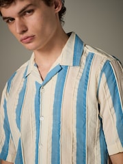 Blue 100% Cotton Textured Stripe Short Sleeve Shirt - Image 1 of 8