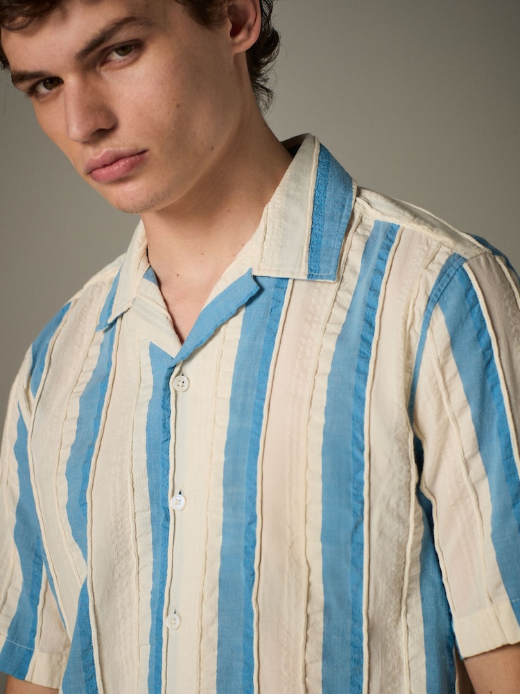 Blue 100% Cotton Textured Stripe Short Sleeve Shirt - Image 1 of 8
