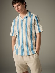 Blue 100% Cotton Textured Stripe Short Sleeve Shirt - Image 4 of 8
