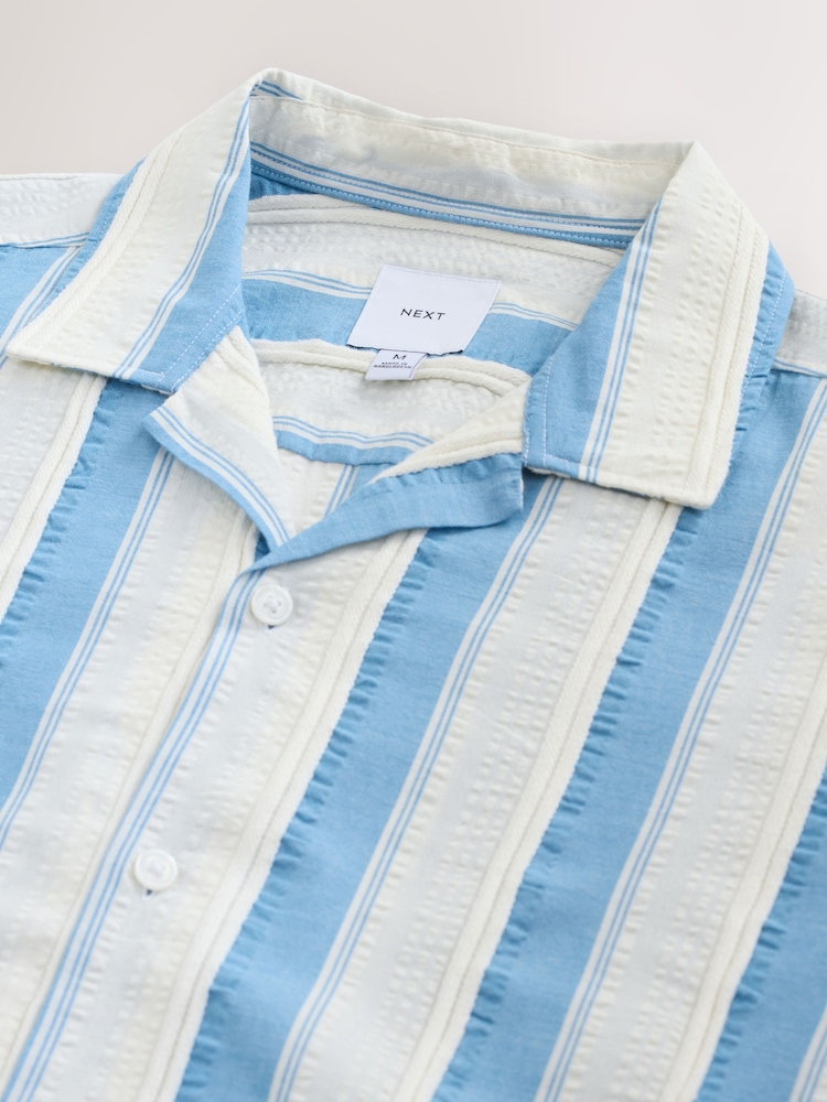 Blue 100% Cotton Textured Stripe Short Sleeve Shirt - Image 8 of 8