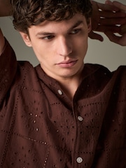 Chocolate Brown 100% Cotton Textured Broderie Short Sleeve Shirt - Image 1 of 8