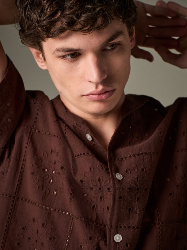 Chocolate Brown 100% Cotton Textured Broderie Short Sleeve Shirt - Image 1 of 8