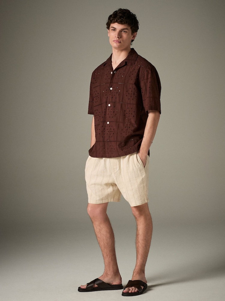 Chocolate Brown 100% Cotton Textured Broderie Short Sleeve Shirt - Image 2 of 8