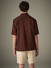 Chocolate Brown 100% Cotton Textured Broderie Short Sleeve Shirt - Image 3 of 8