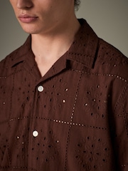 Chocolate Brown 100% Cotton Textured Broderie Short Sleeve Shirt - Image 5 of 8