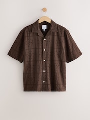 Chocolate Brown 100% Cotton Textured Broderie Short Sleeve Shirt - Image 6 of 8