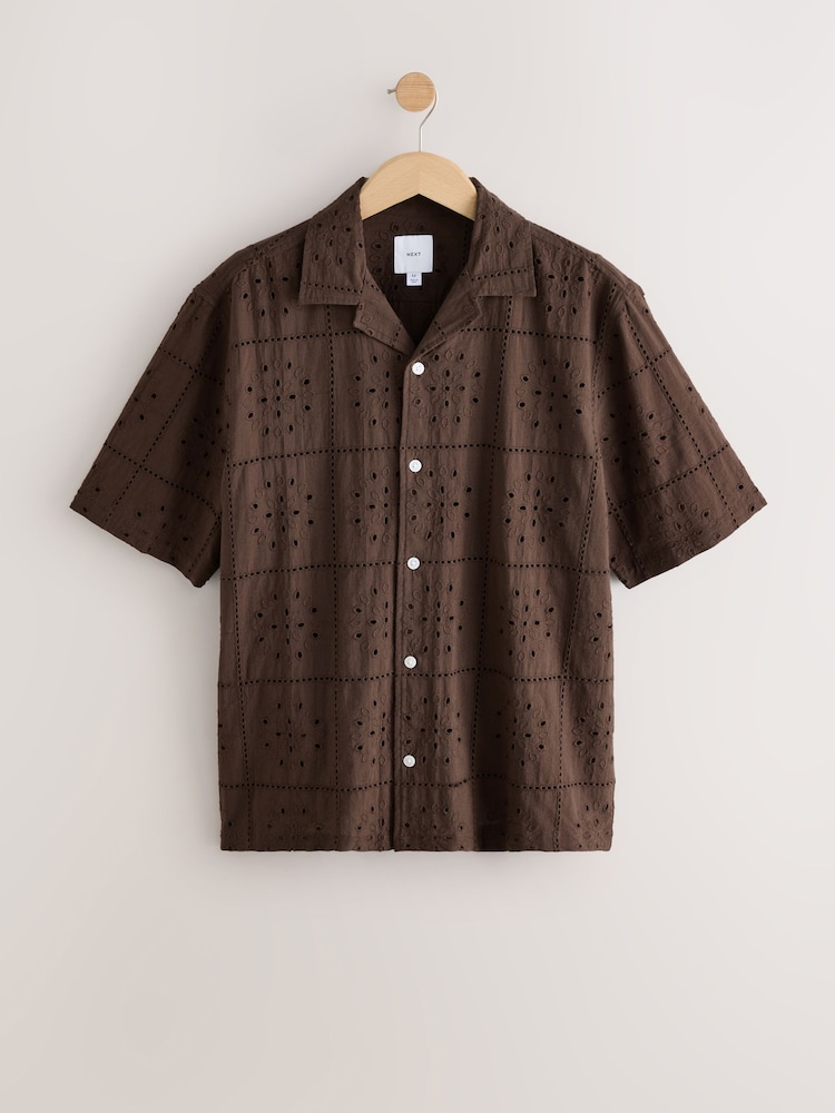 Chocolate Brown 100% Cotton Textured Broderie Short Sleeve Shirt - Image 6 of 8