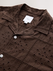 Chocolate Brown 100% Cotton Textured Broderie Short Sleeve Shirt - Image 7 of 8