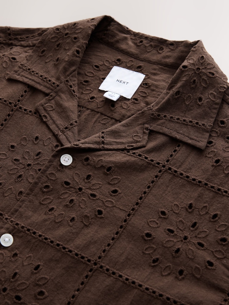 Chocolate Brown 100% Cotton Textured Broderie Short Sleeve Shirt - Image 7 of 8