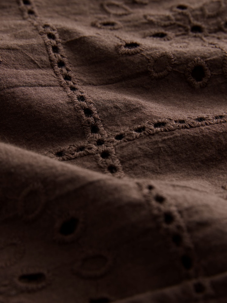Chocolate Brown 100% Cotton Textured Broderie Short Sleeve Shirt - Image 8 of 8