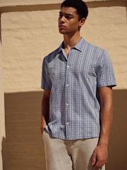 Blue Textured Stripe 100% Cotton Short Sleeve Shirt - Image 1 of 8