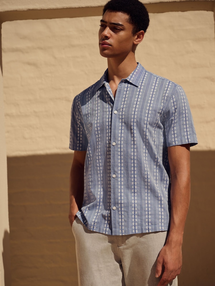 Blue Textured Stripe 100% Cotton Short Sleeve Shirt - Image 1 of 8