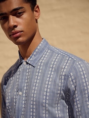 Blue Textured Stripe 100% Cotton Short Sleeve Shirt - Image 4 of 8