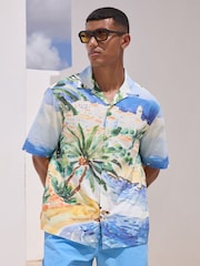 Multi Watercolour Scenic Printed Short Sleeve Shirt - Image 1 of 8