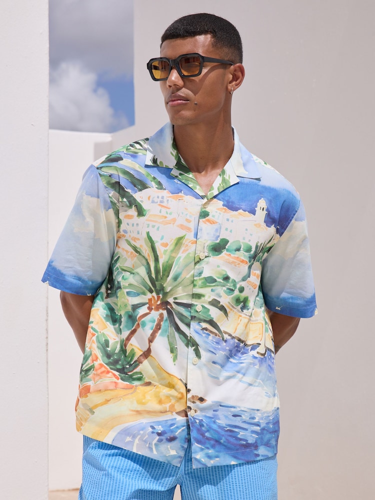 Multi Watercolour Scenic Printed Short Sleeve Shirt - Image 1 of 8
